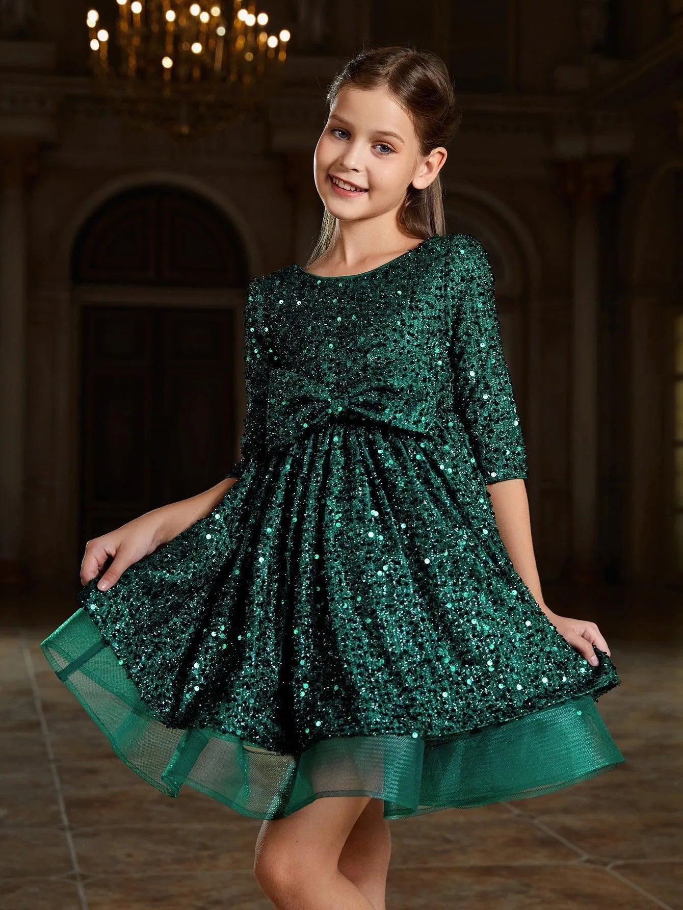 Tween Girls' Bow Detail 3/4 Sleeve Sequin Party Dress - Elonnashop