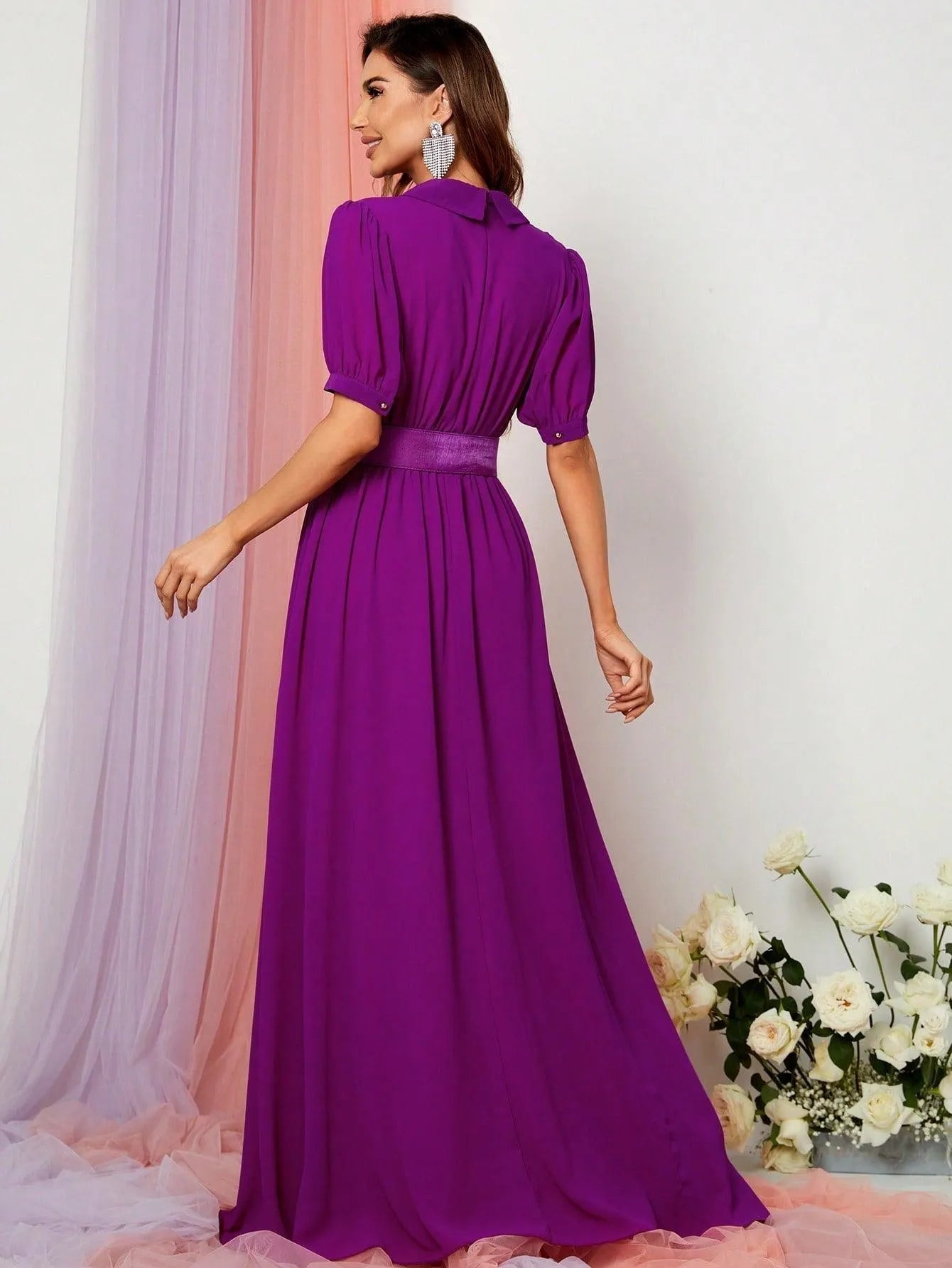 Deep V Neck Puff Sleeve Belted Maxi Dress - Elonnashop