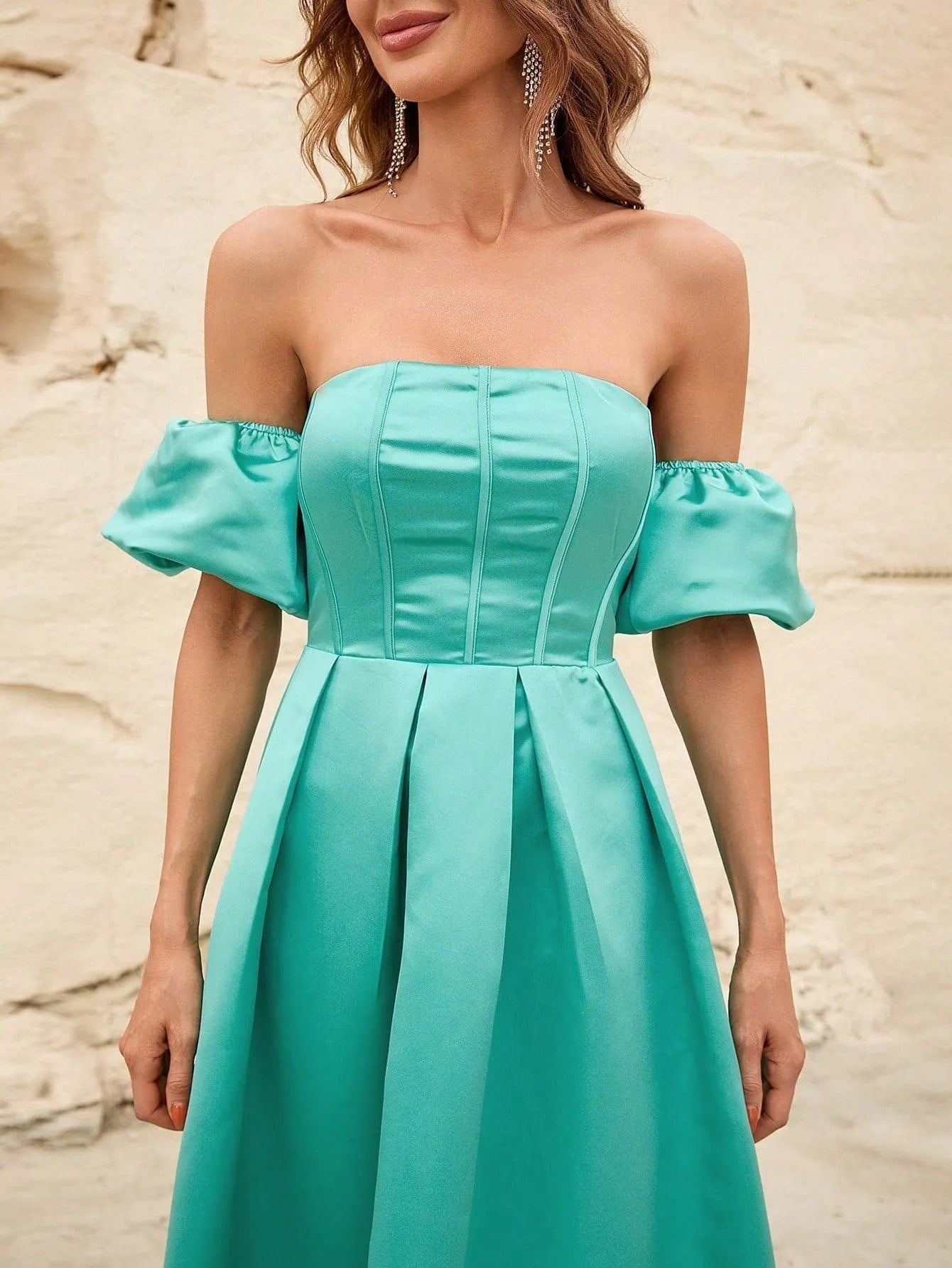 Off Shoulder Puff Sleeves Ruched Bust Fold Pleated Satin Gown - Elonnashop