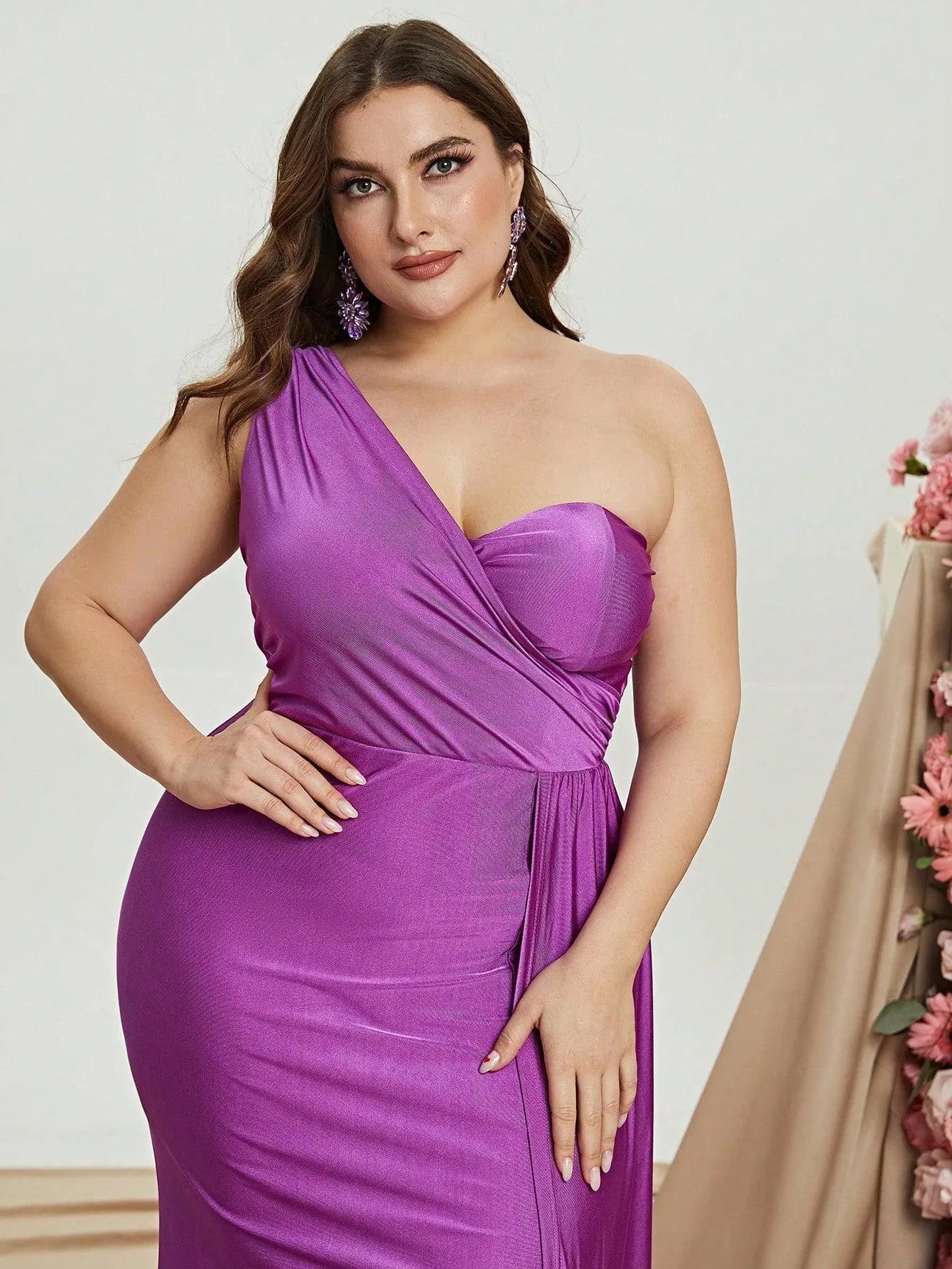 Plus One Shoulder Draped Side Split Thigh Formal Dress - Elonnashop