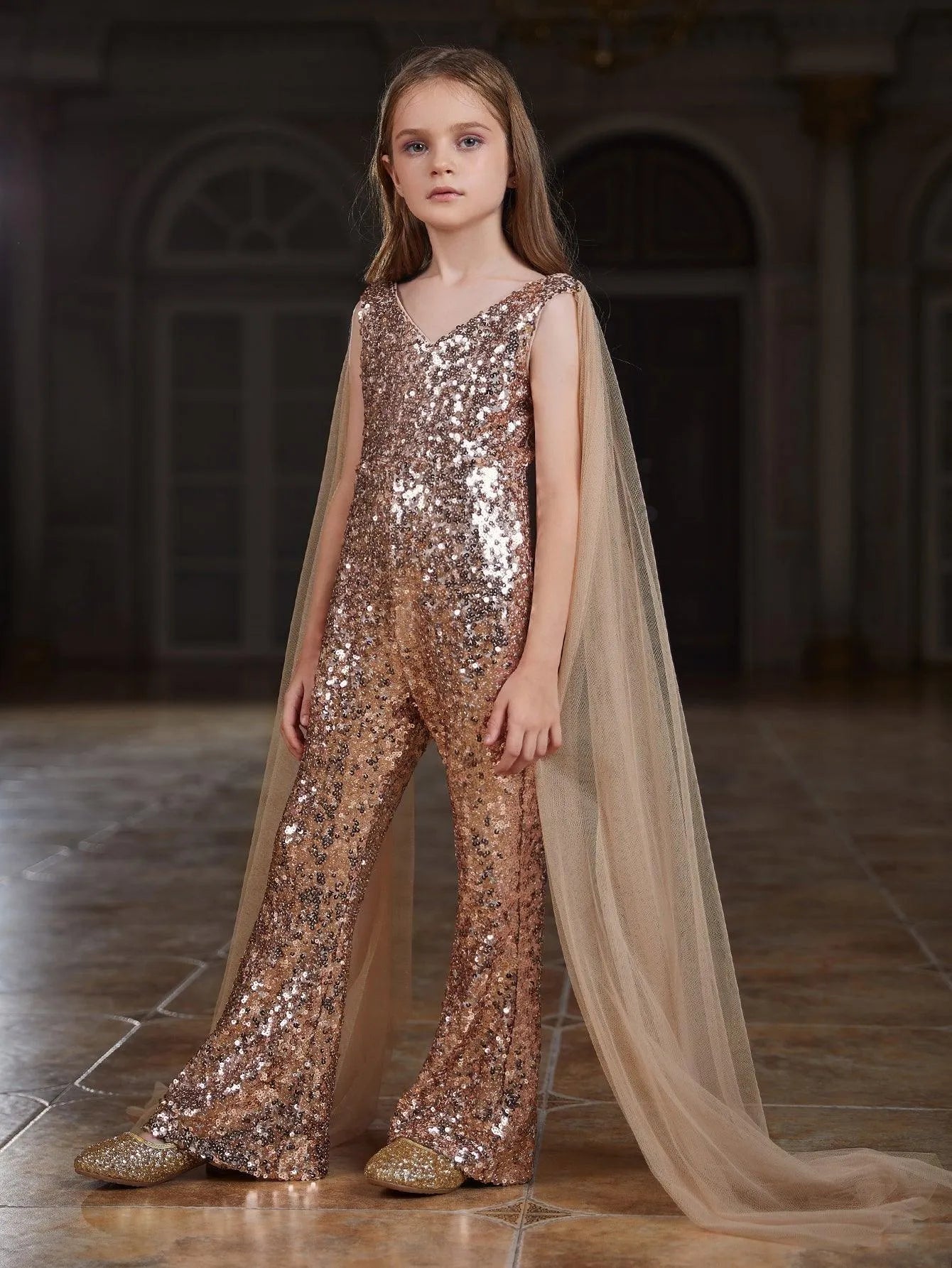 Tween Girls' V Neck Mesh Cloak Sleeve Sequin Jumpsuit - Elonnashop