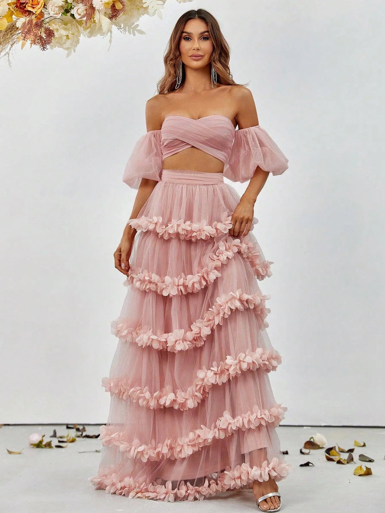 Off Shoulder Puff Sleeve Crop Top & Frill Trim Mesh Skirt - Elonnashop