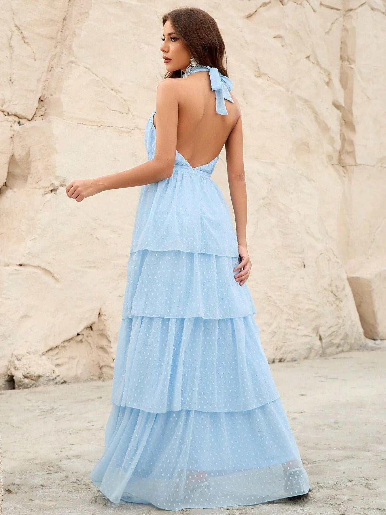 Halter Neck Backless Chiffon Dress - Elonnashop