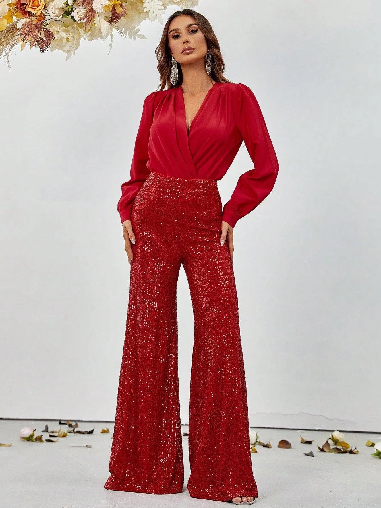 V Neck Lantern Sleeve Top & Sequin Pants - Elonnashop