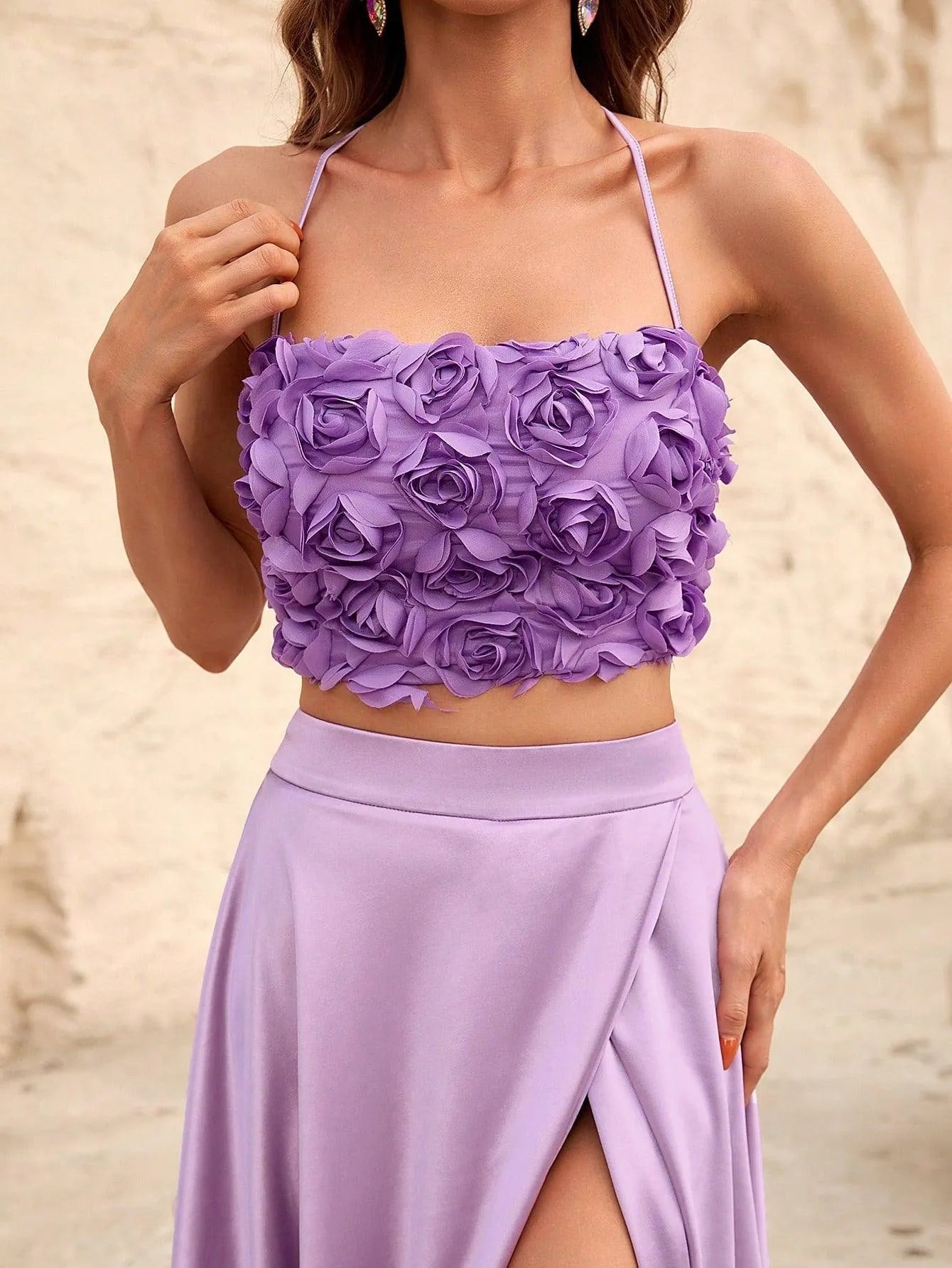 Backless Lace Up 3D Flower Tube Top & Satin Slit Skirt - Elonnashop