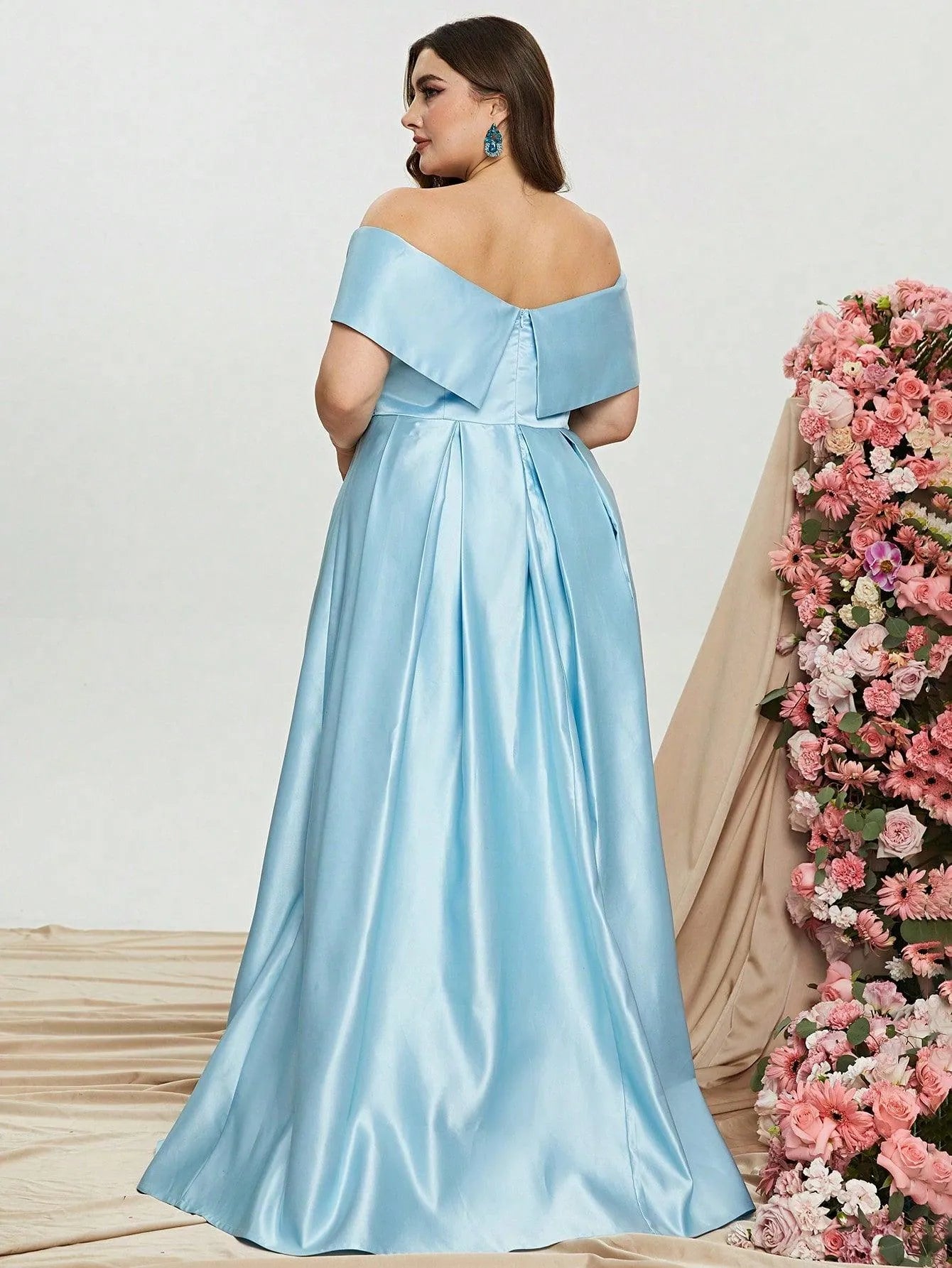 Plus Elegant Off Shoulder Satin A Line Prom Dress - Elonnashop