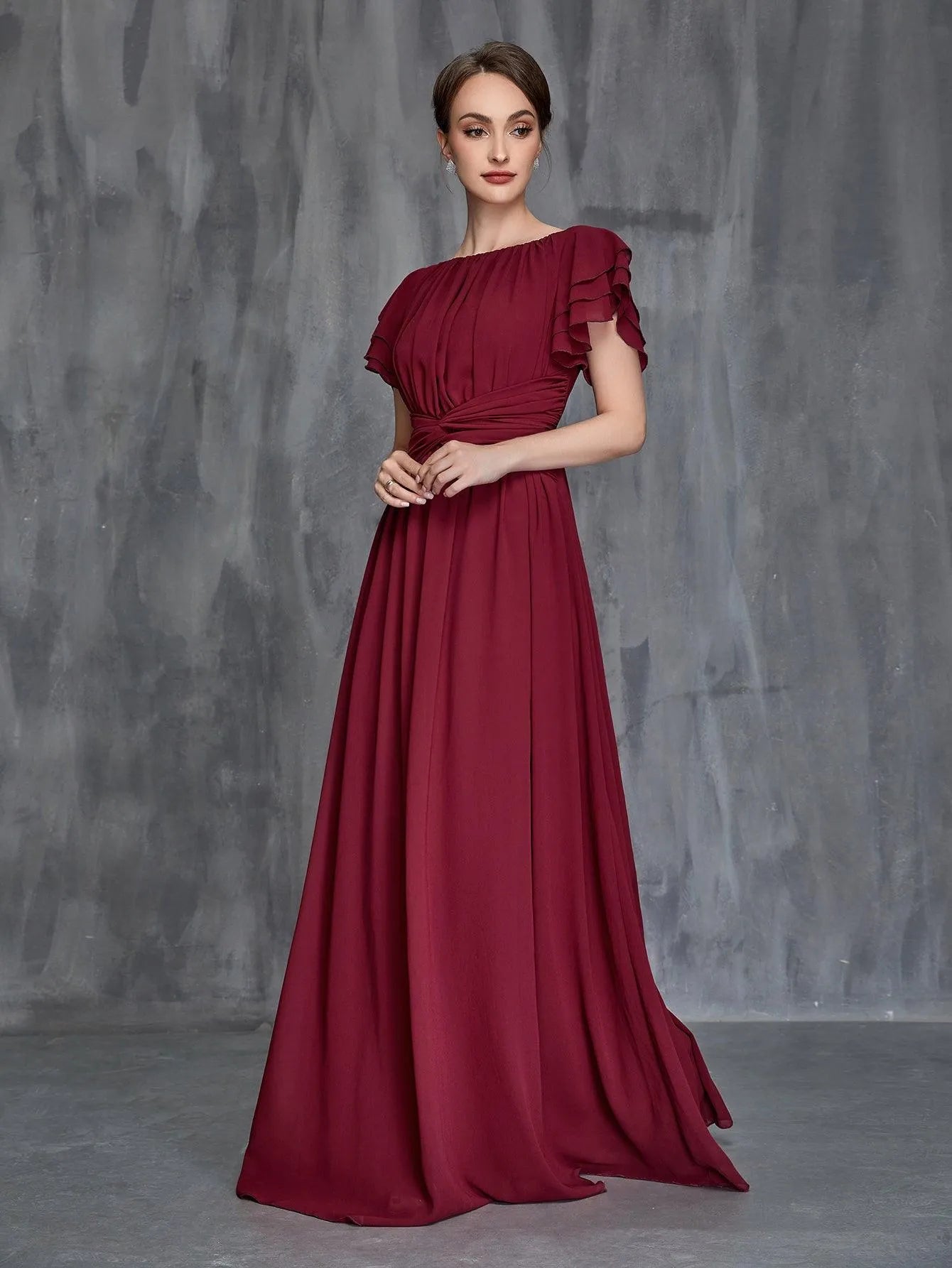 Womens' Layered Ruffle Sleeves Twist Front Chiffon Formal Dress - Elonnashop