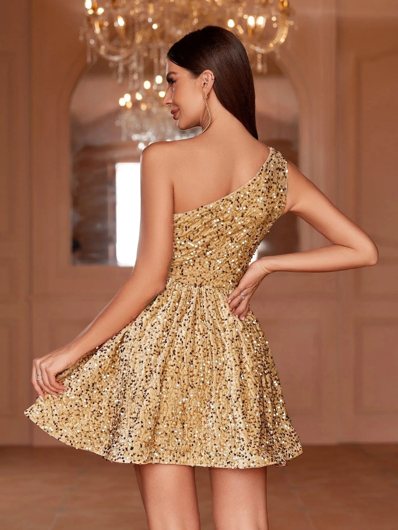 One Shoulder Sleeveless Sequin A Line Dresses - Elonnashop