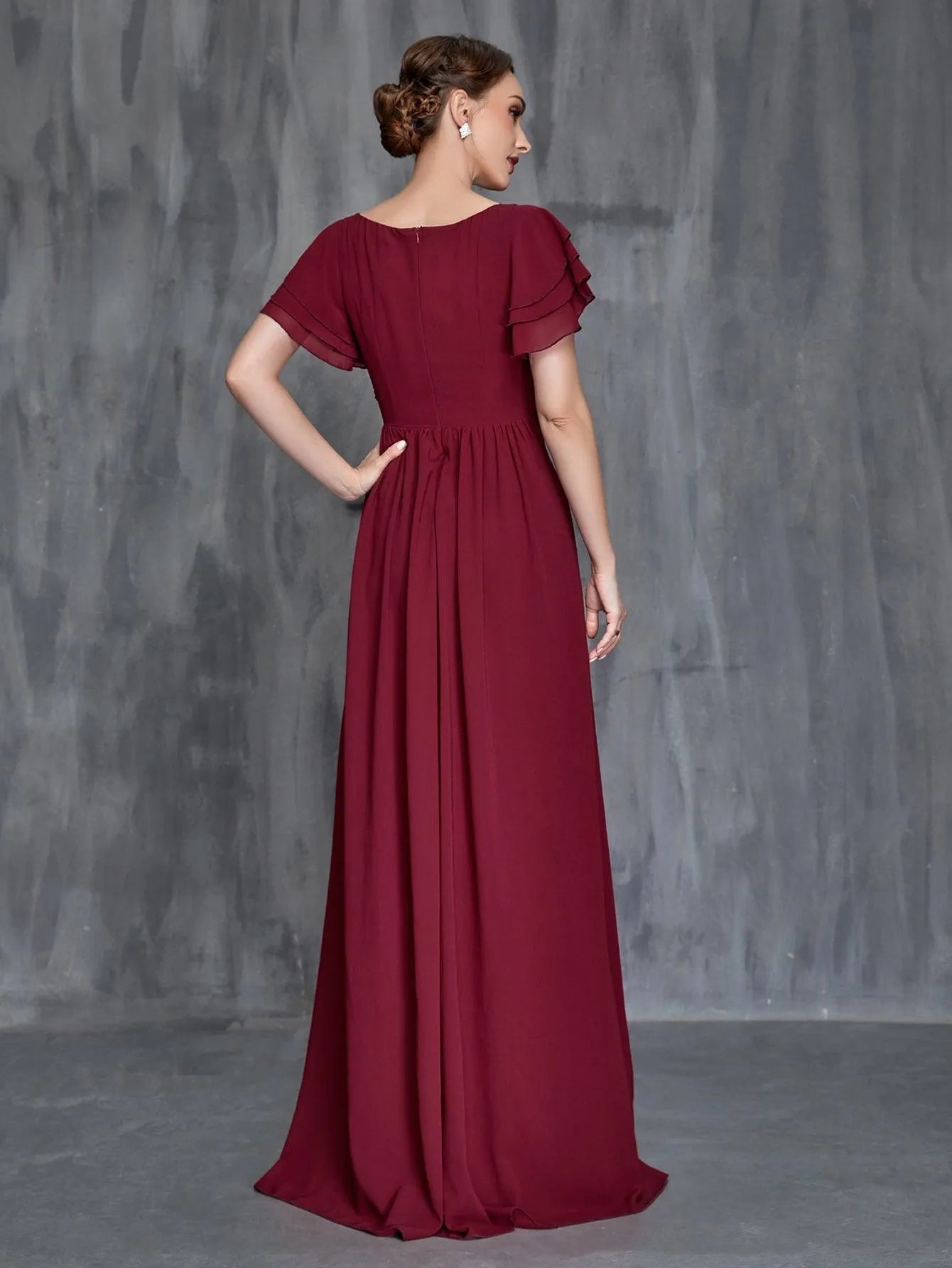 Womens' Layered Ruffle Sleeves Twist Front Chiffon Formal Dress - Elonnashop