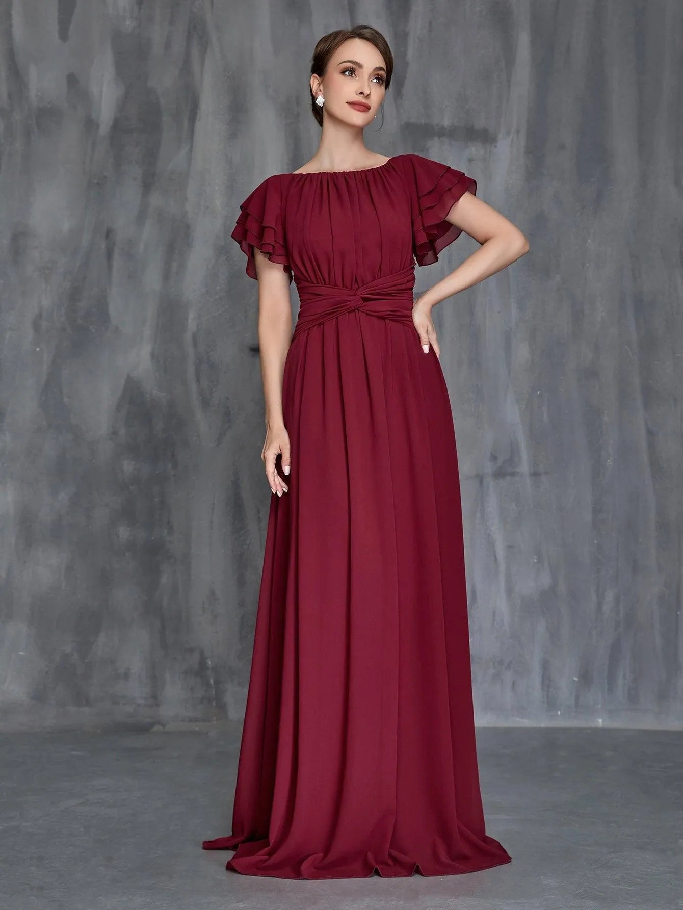 Womens' Layered Ruffle Sleeves Twist Front Chiffon Formal Dress - Elonnashop