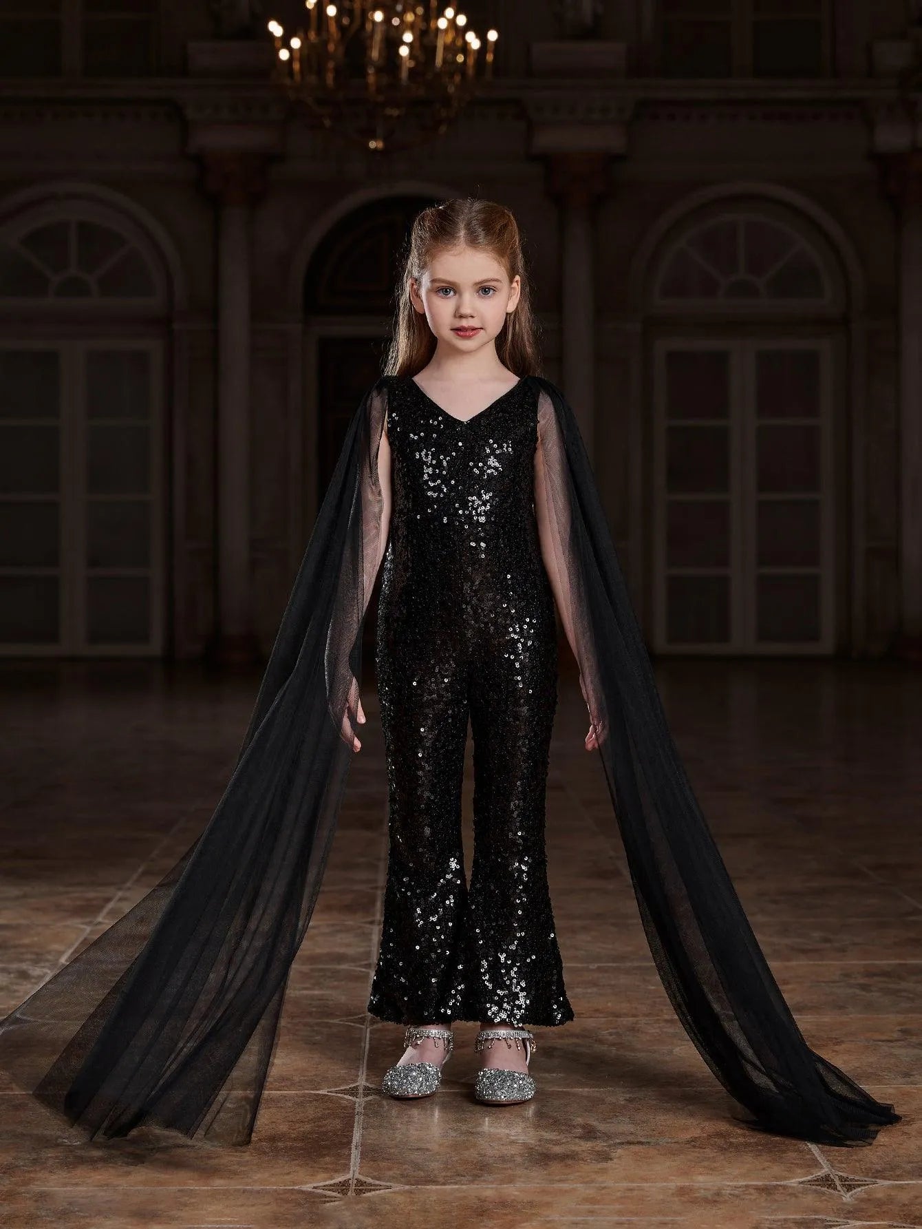 Tween Girls' V Neck Mesh Cloak Sleeve Sequin Jumpsuit - Elonnashop