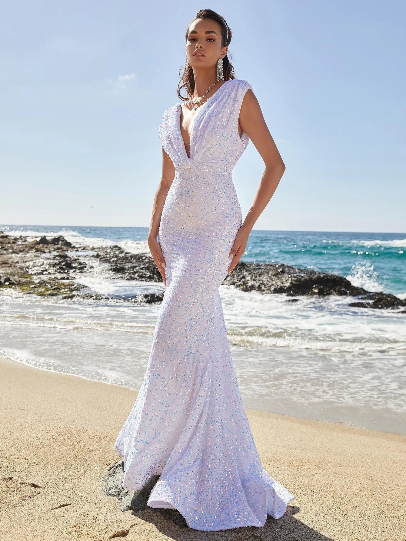 Twist Front Mermaid Hem Sequin Prom Dress - Elonnashop