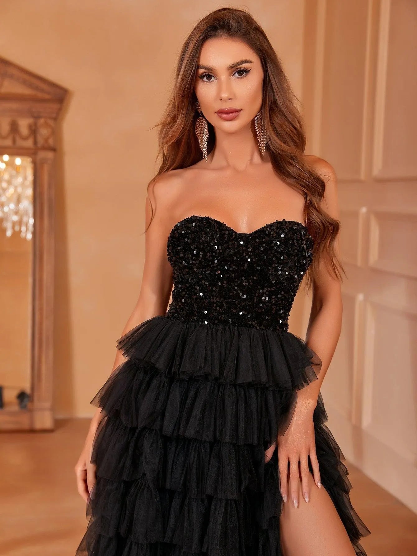 Sequin Bodice Contrast Mesh Prom Dresses - Elonnashop