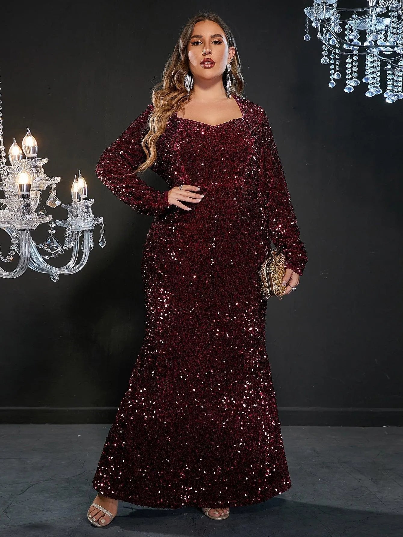 Plus Sweetheart Neck Long Sleeve Sequin Prom Dresses - Elonnashop