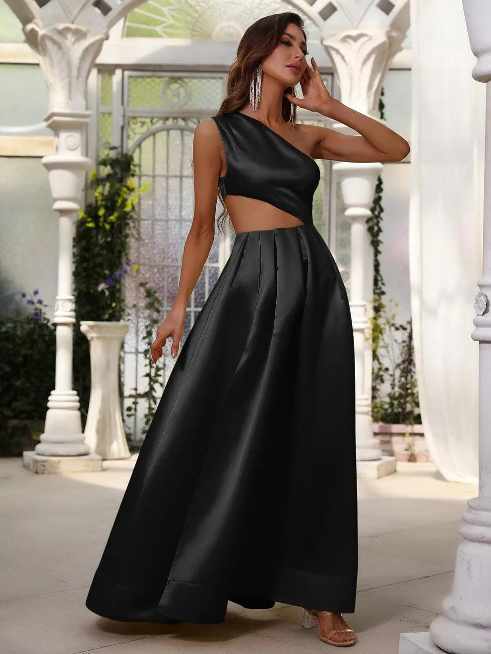 One Shoulder Cut Out Waist Satin Prom Dress - Elonnashop