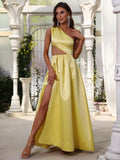 One Shoulder Cut Out Waist Satin Prom Dress - Elonnashop