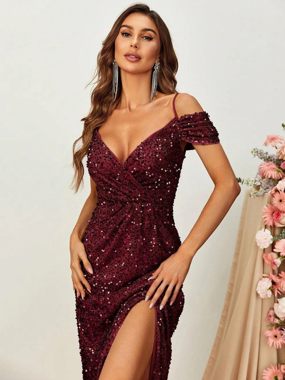 Off Shoulder Short Sleeve Sequin A Line Slit Dresses - Elonnashop