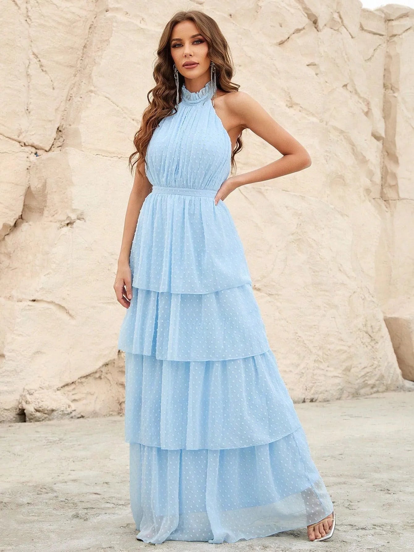 Halter Neck Backless Chiffon Dress - Elonnashop