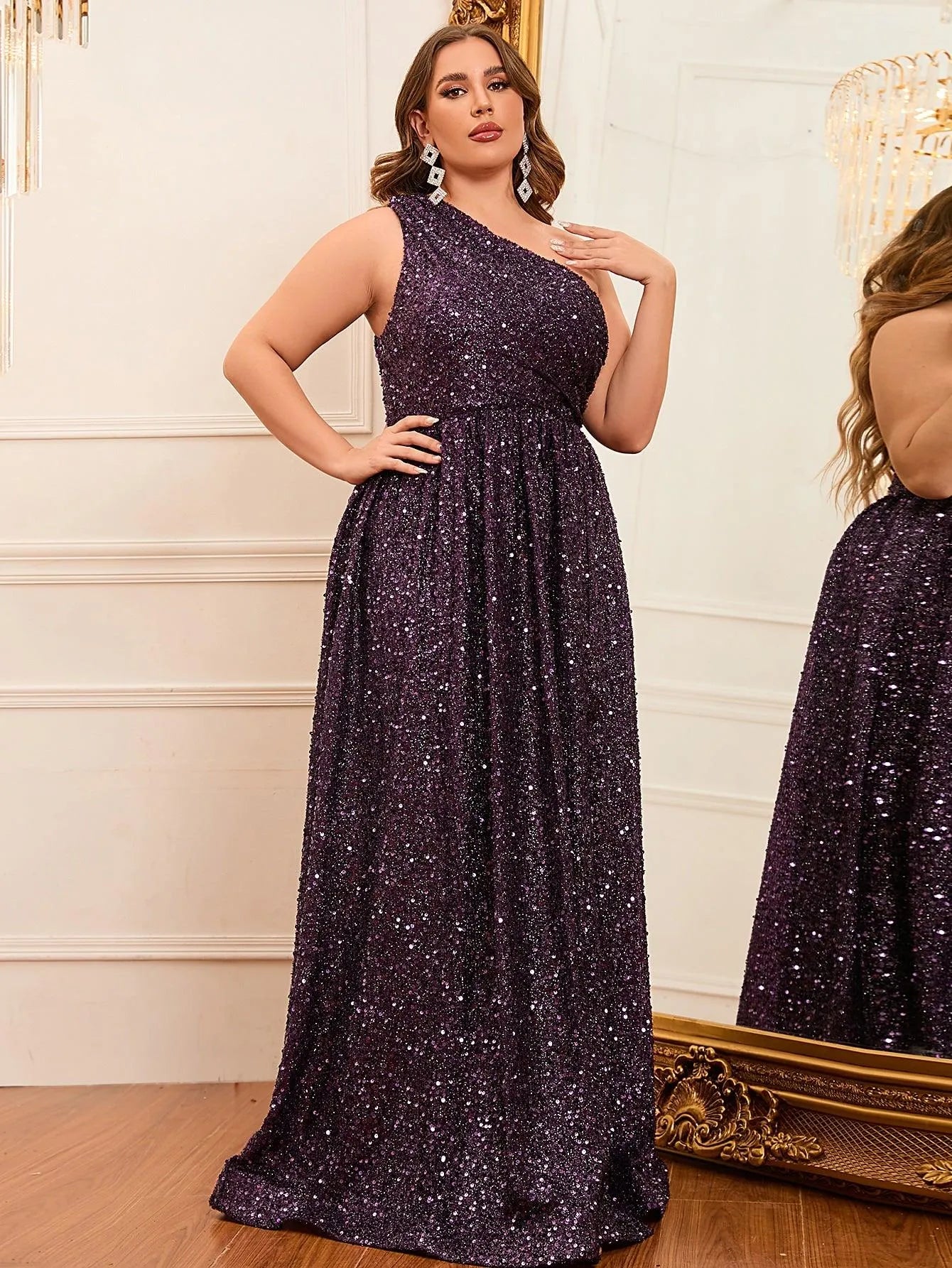 Plus Size One Shoulder Sleeveless Sequin A Line Dresses - Elonnashop