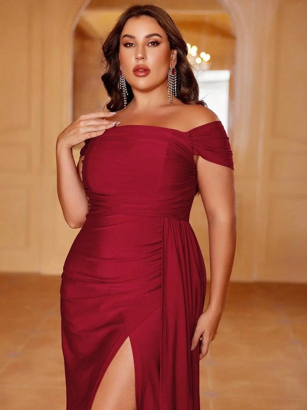 Plus Off Shoulder Draped Side Wrap Hem Dress - Elonnashop