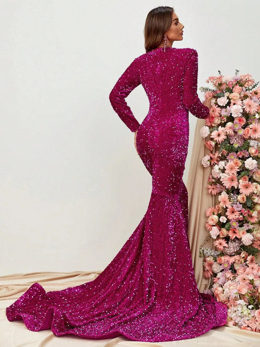 Elegant V Neck Long Sleeve Sequin Prom Dresses - Elonnashop