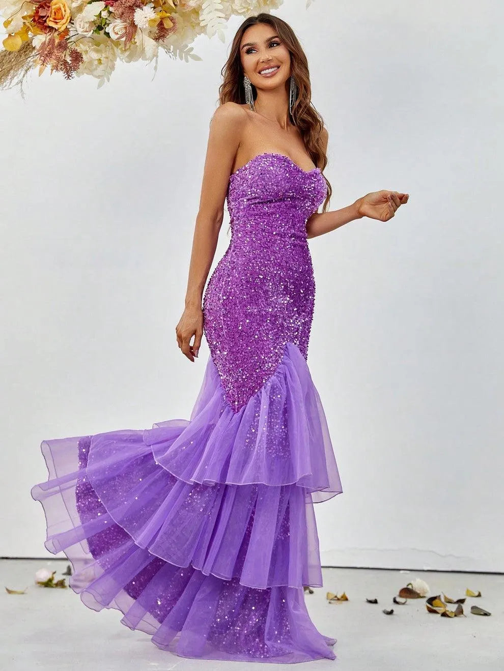 Elegant Mesh Overlay Mermaid Hem Sequin Prom Dress - Elonnashop