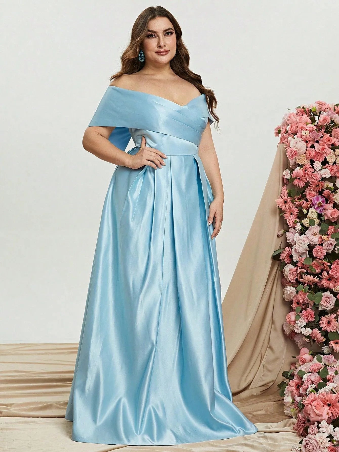 Plus Elegant Off Shoulder Satin A Line Prom Dress - Elonnashop