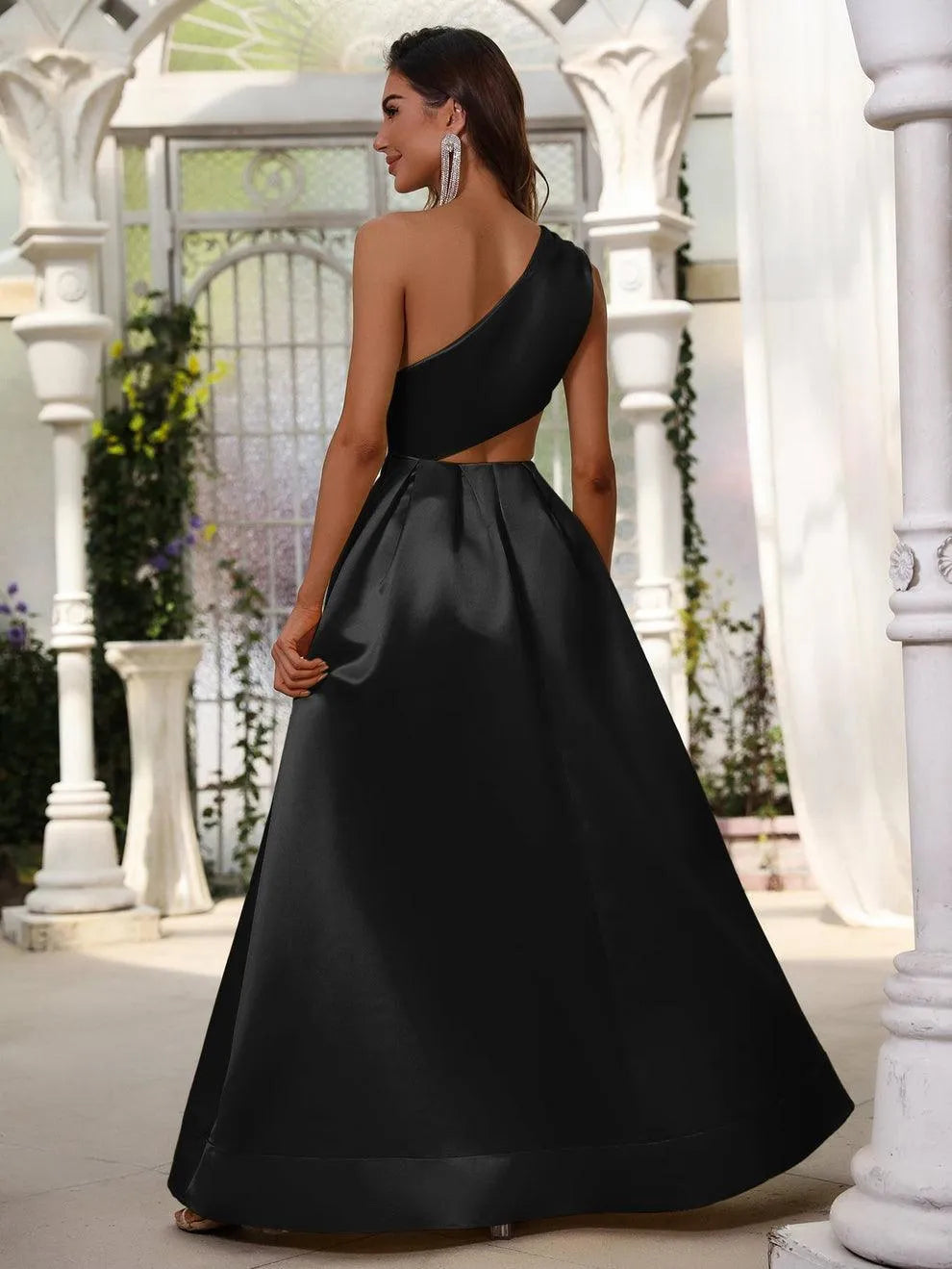 One Shoulder Cut Out Waist Satin Prom Dress - Elonnashop