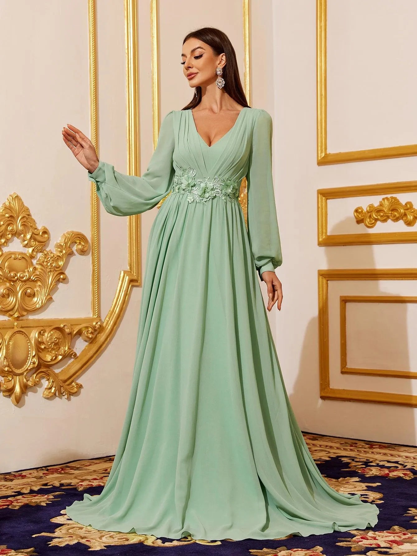 Floral Applique Lantern Sleeve Chiffon Formal Dress – Elonnashop Floral Applique Lantern Sleeve Chiffon Formal Dress – Elonnashop