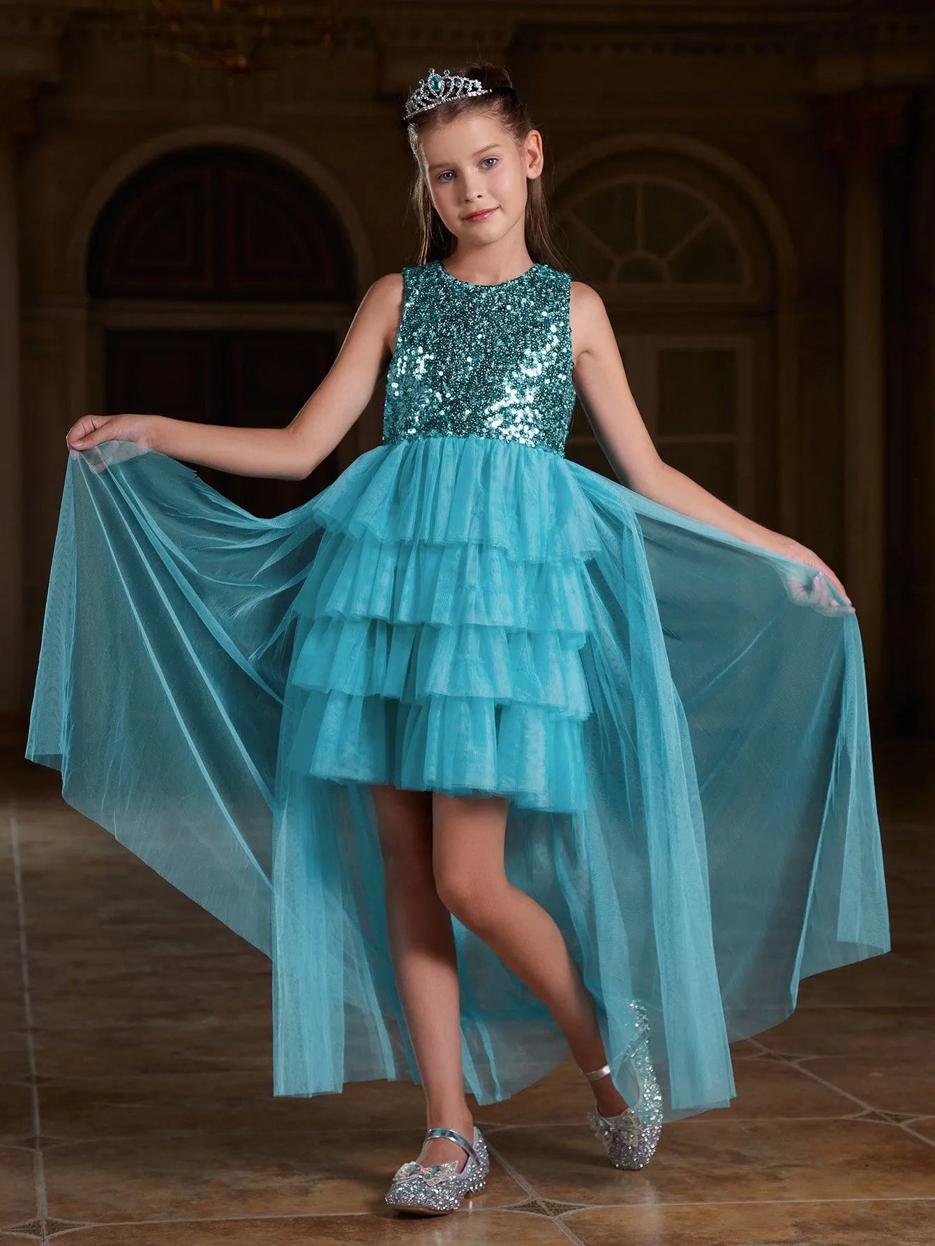 Tween Girls' Mesh Layered Hem Sequin Party Dress - Elonnashop