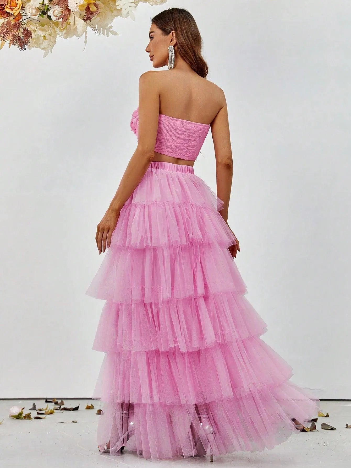 Ruffled Tulle Skirt and Rosette Crop Top Set - Elonnashop