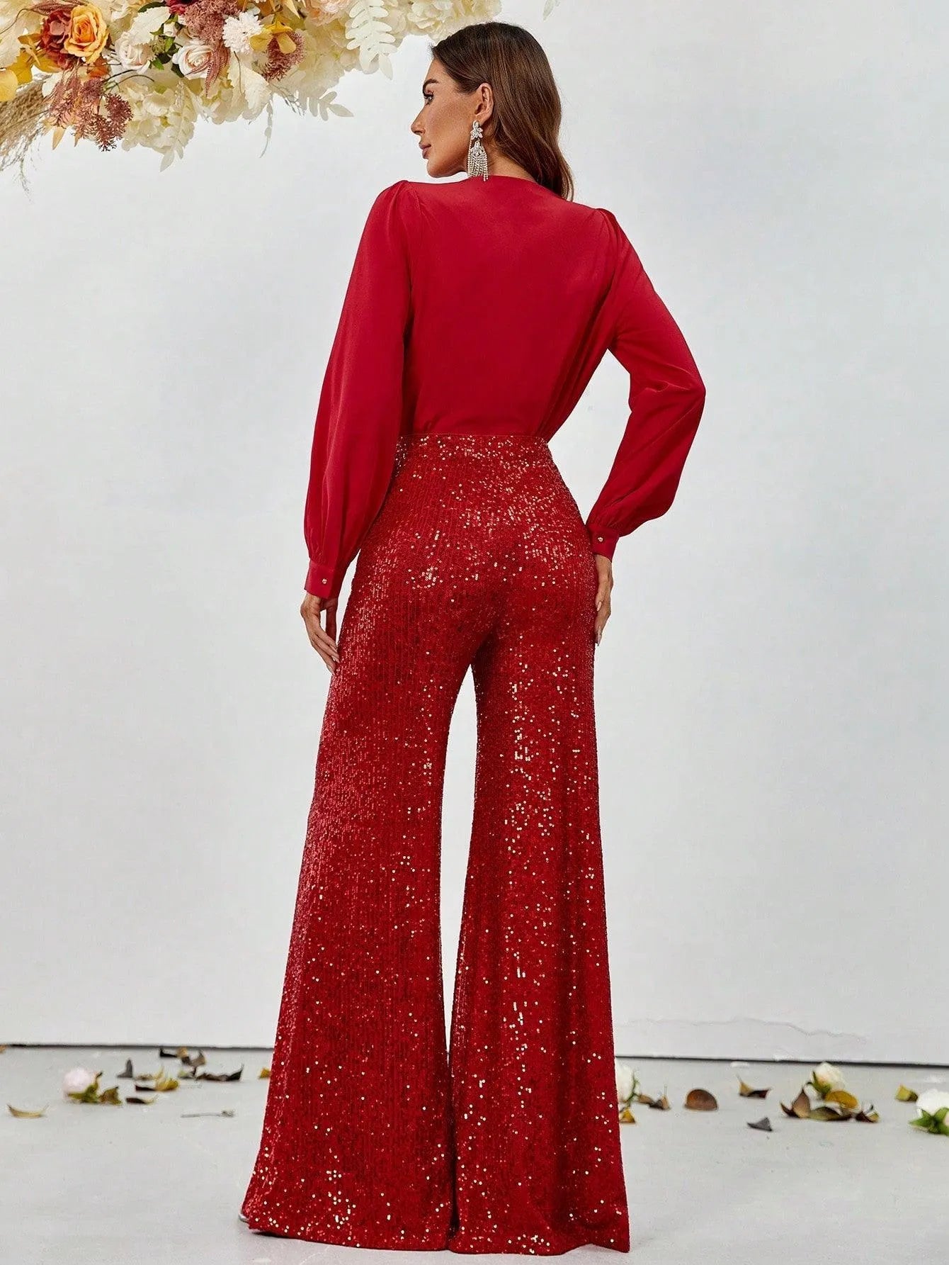 V Neck Lantern Sleeve Top & Sequin Pants - Elonnashop