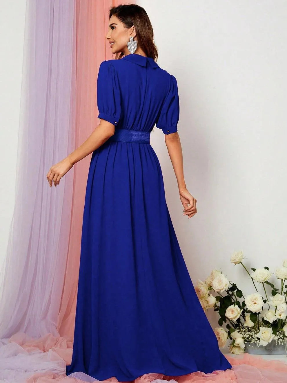 Deep V Neck Puff Sleeve Belted Maxi Dress - Elonnashop