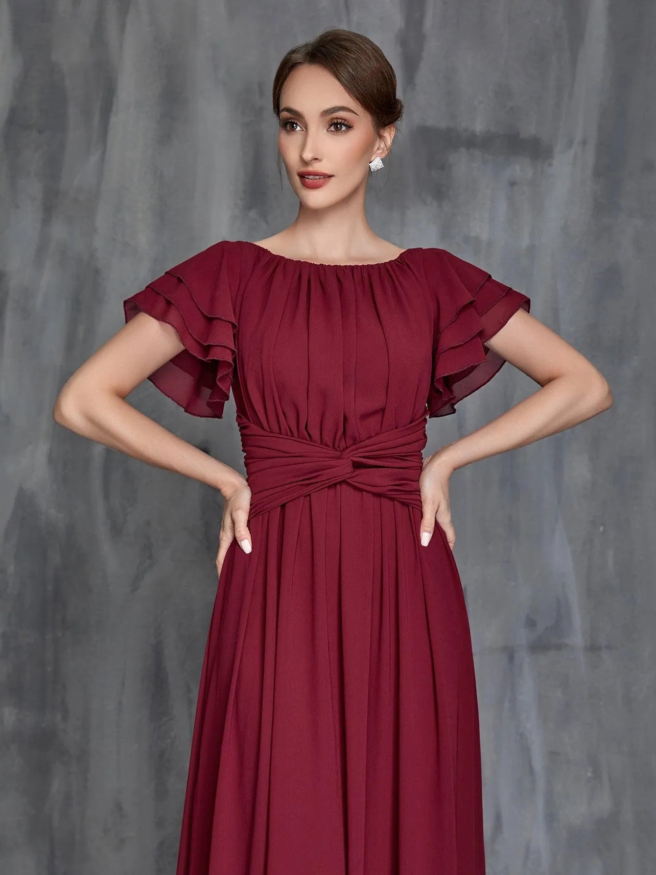 Womens' Layered Ruffle Sleeves Twist Front Chiffon Formal Dress - Elonnashop