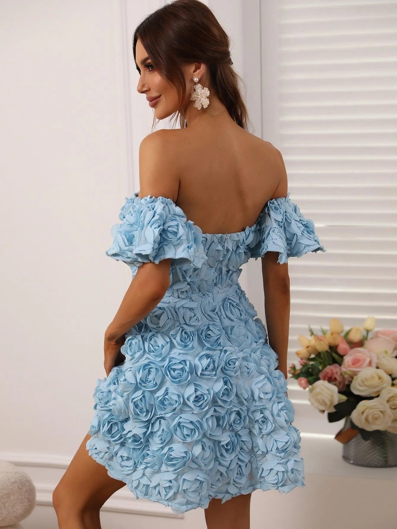 3D Flower Off Shoulder Party Dress - Elonnashop