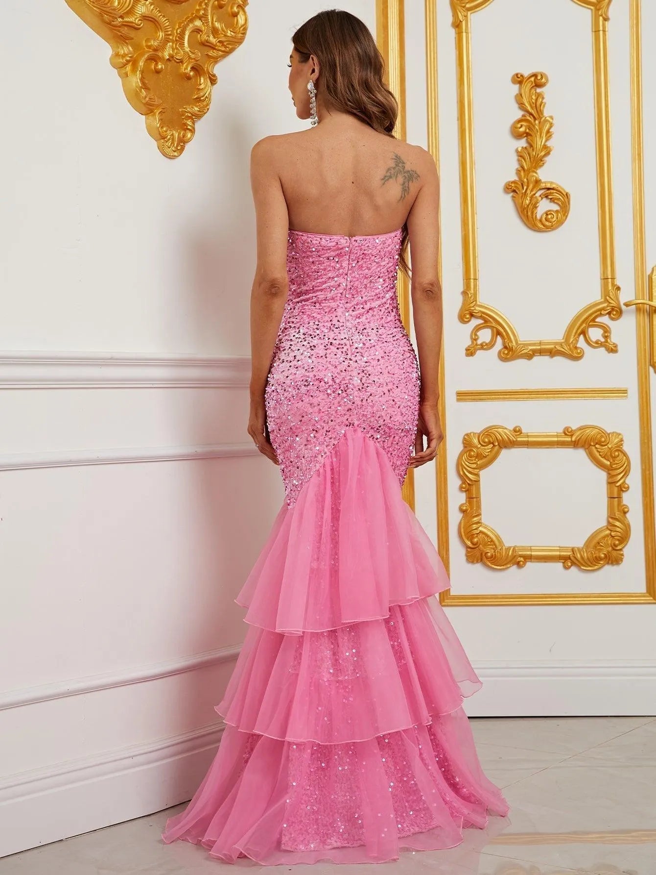 Elegant Mesh Overlay Mermaid Hem Sequin Prom Dress - Elonnashop