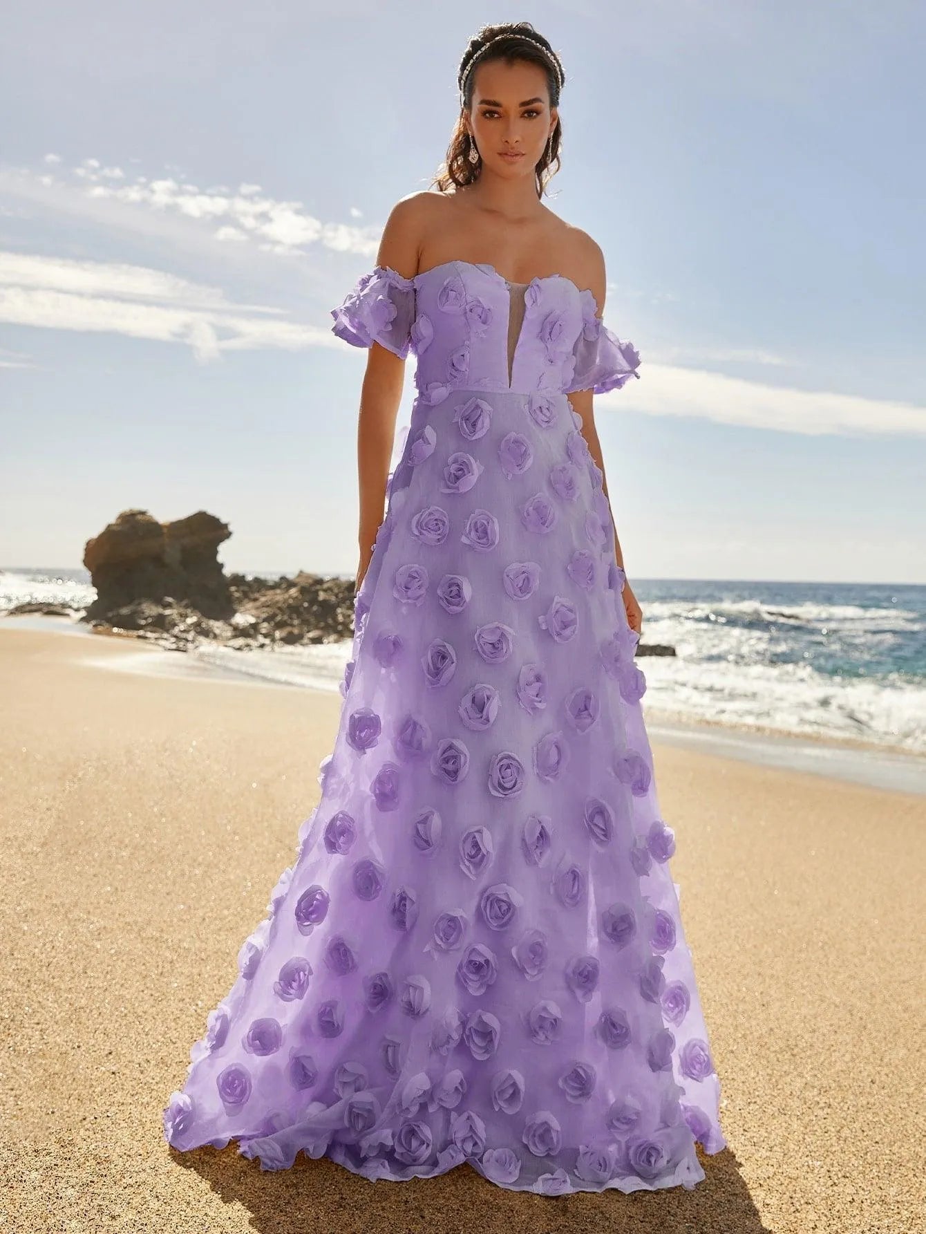 Elegant Off Shoulder 3D Flower Maxi Dresses - Elonnashop