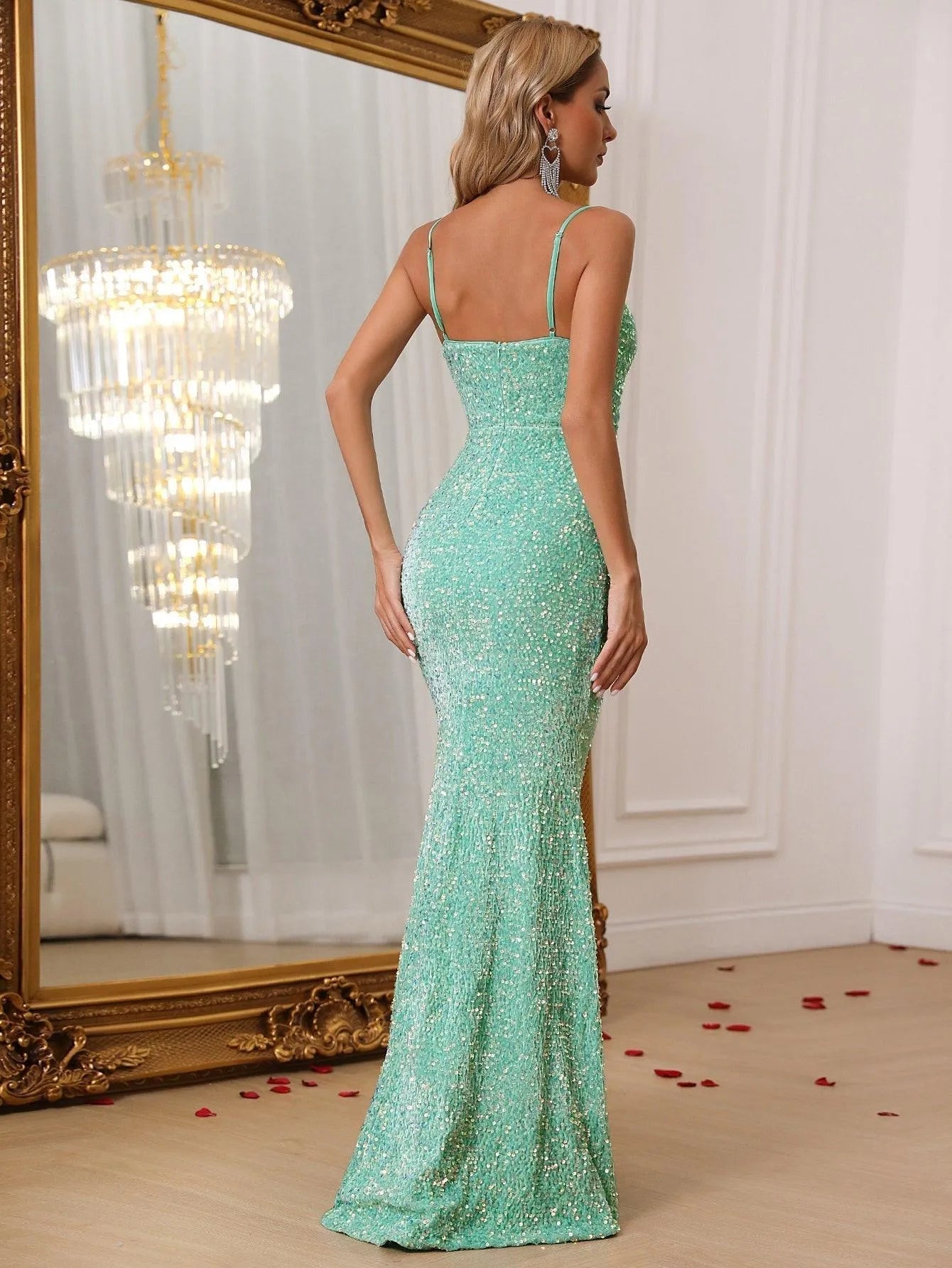 Elegant Spaghetti Straps Sequin Mermaid Dresses - Elonnashop