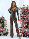 Deep V Neck Long Sleeves Sequin Party Jumpsuit - Elonnashop