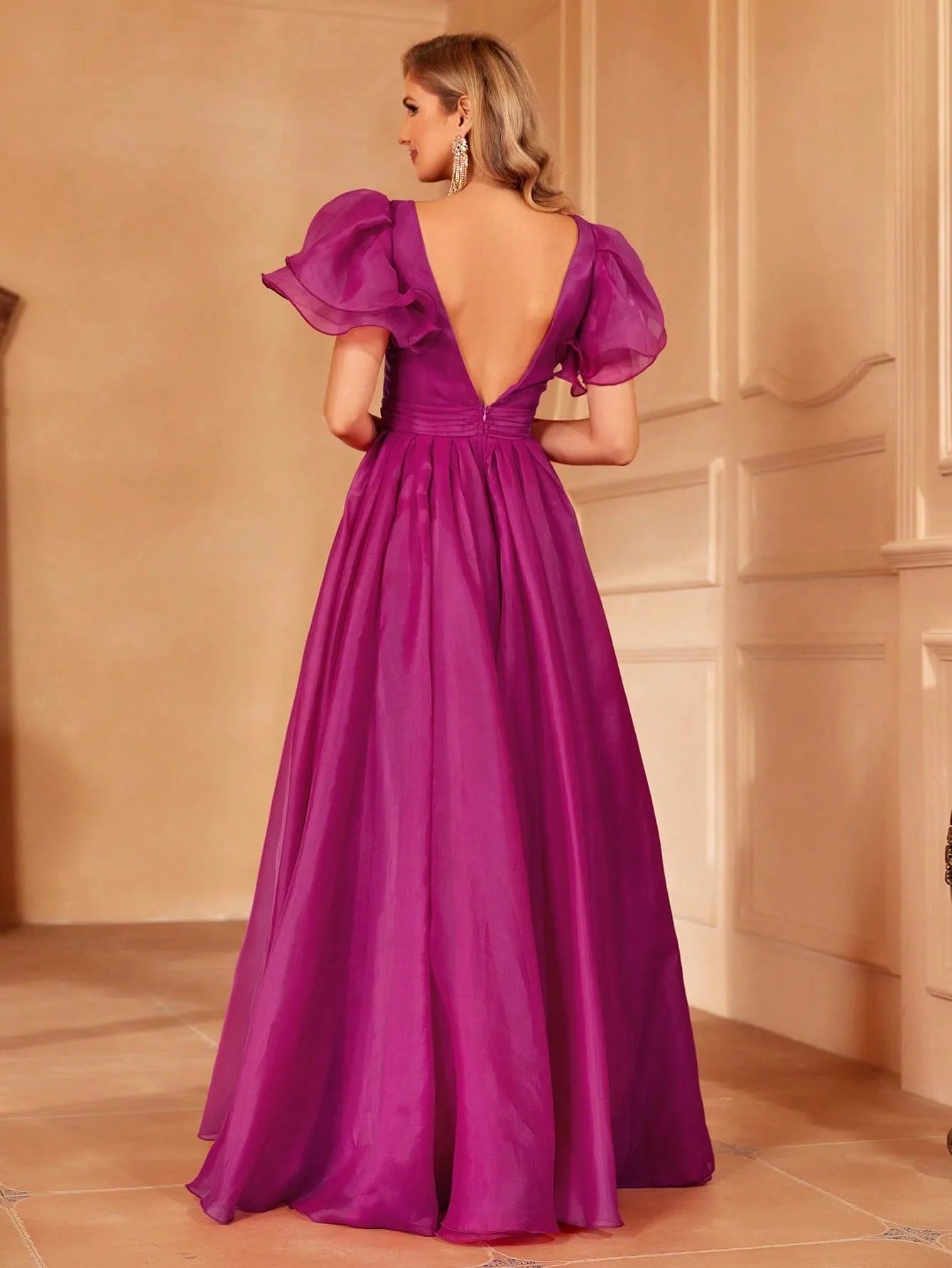 Backless Layered Sleeves Organza Prom Dress - Elonnashop