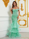 Off Shoulder Mesh Insert Sequin Mermaid Dress - Elonnashop