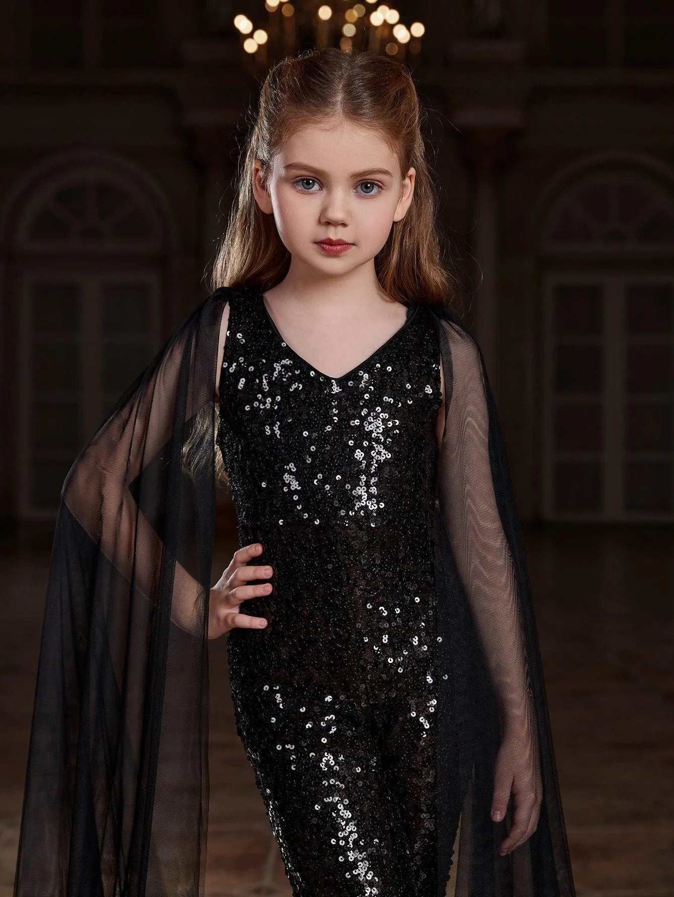 Tween Girls' V Neck Mesh Cloak Sleeve Sequin Jumpsuit - Elonnashop