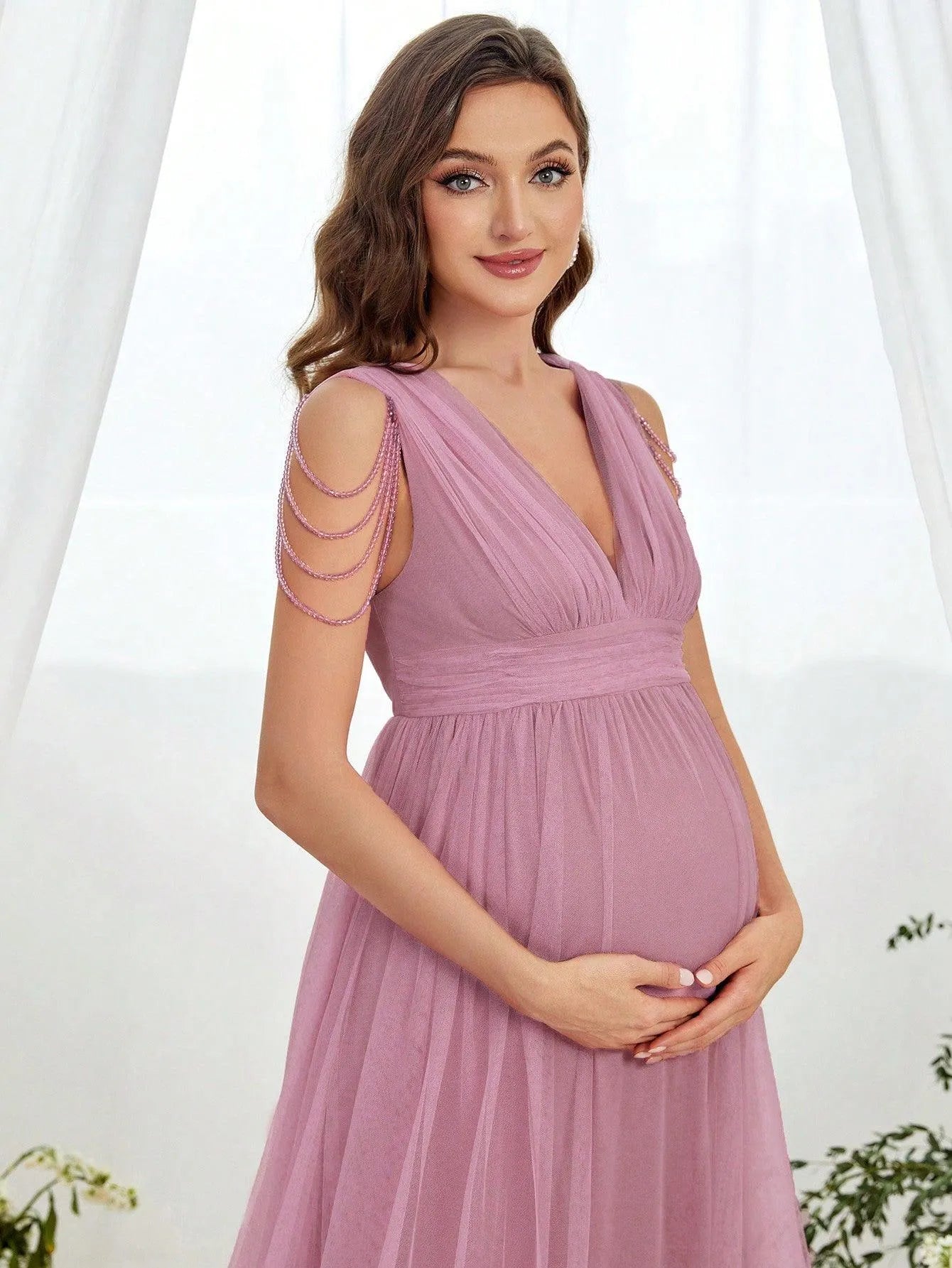 Maternity Chain Detail Plunging Neck Mesh Formal Dress - Elonnashop