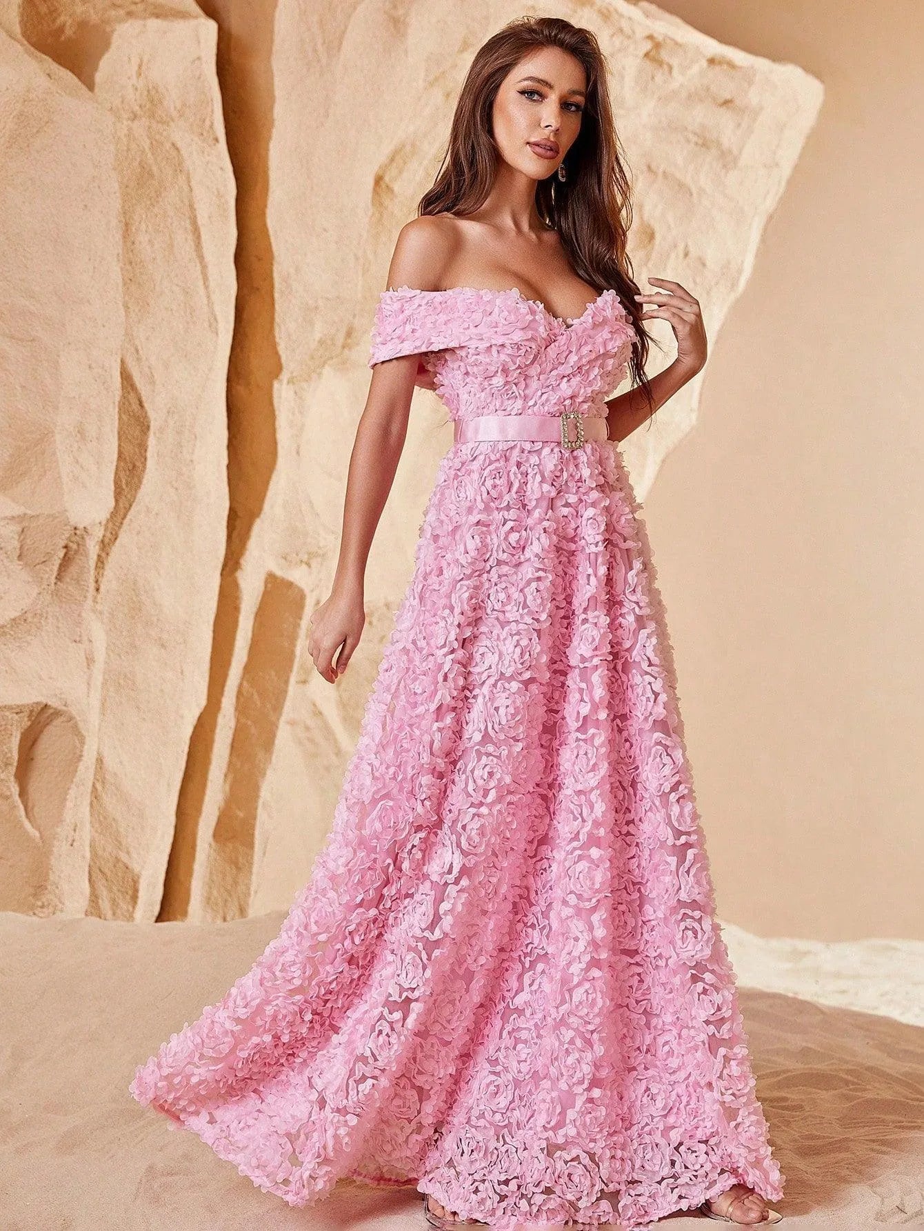 Off Shoulder Rhinestone Detail Belted 3D Flower A-Line Dresses - Elonnashop