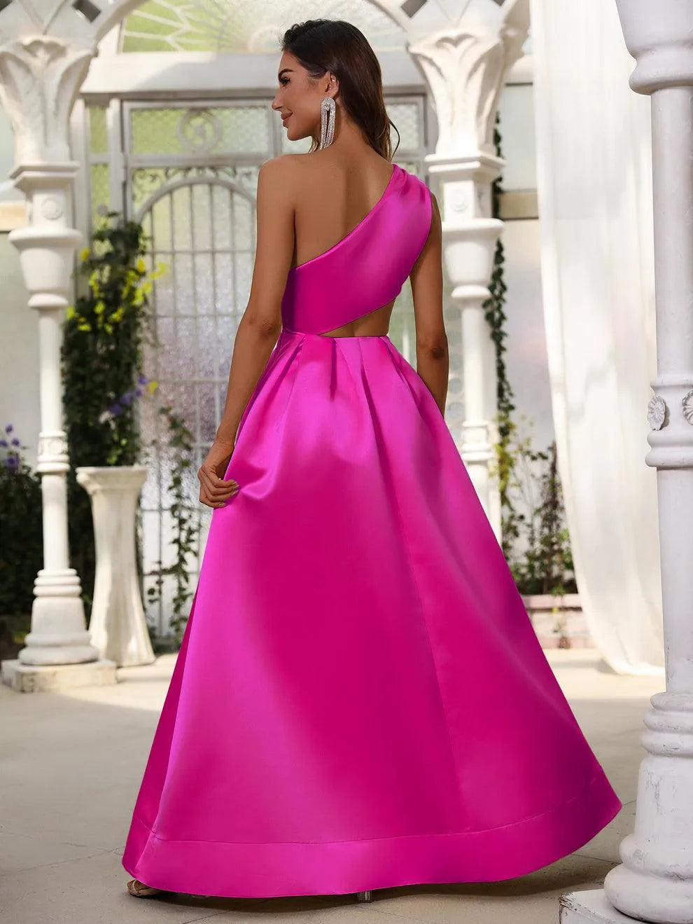 One Shoulder Cut Out Waist Satin Prom Dress - Elonnashop