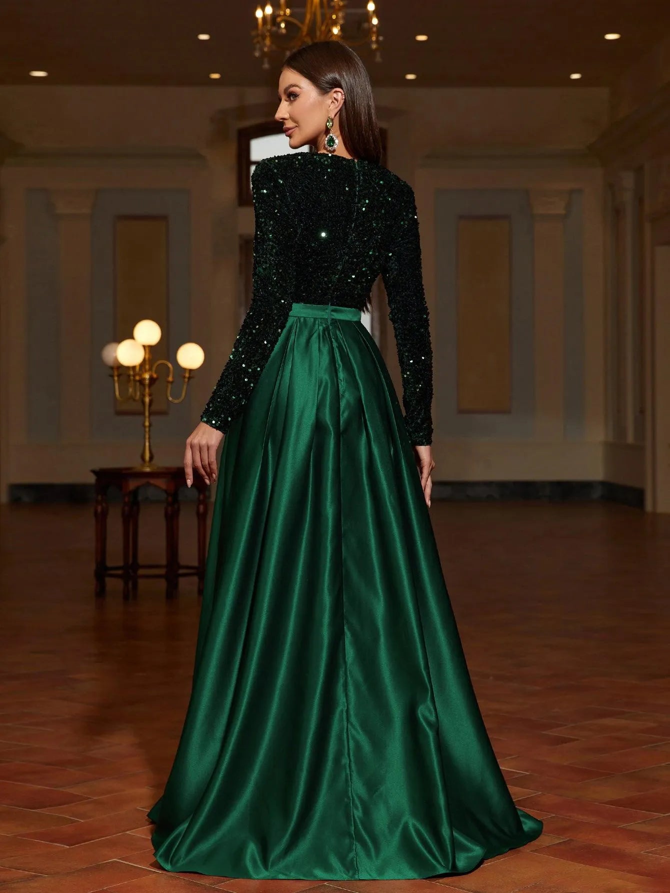 Plunging Neck Contrast Satin Sequin Formal Dress - Elonnashop