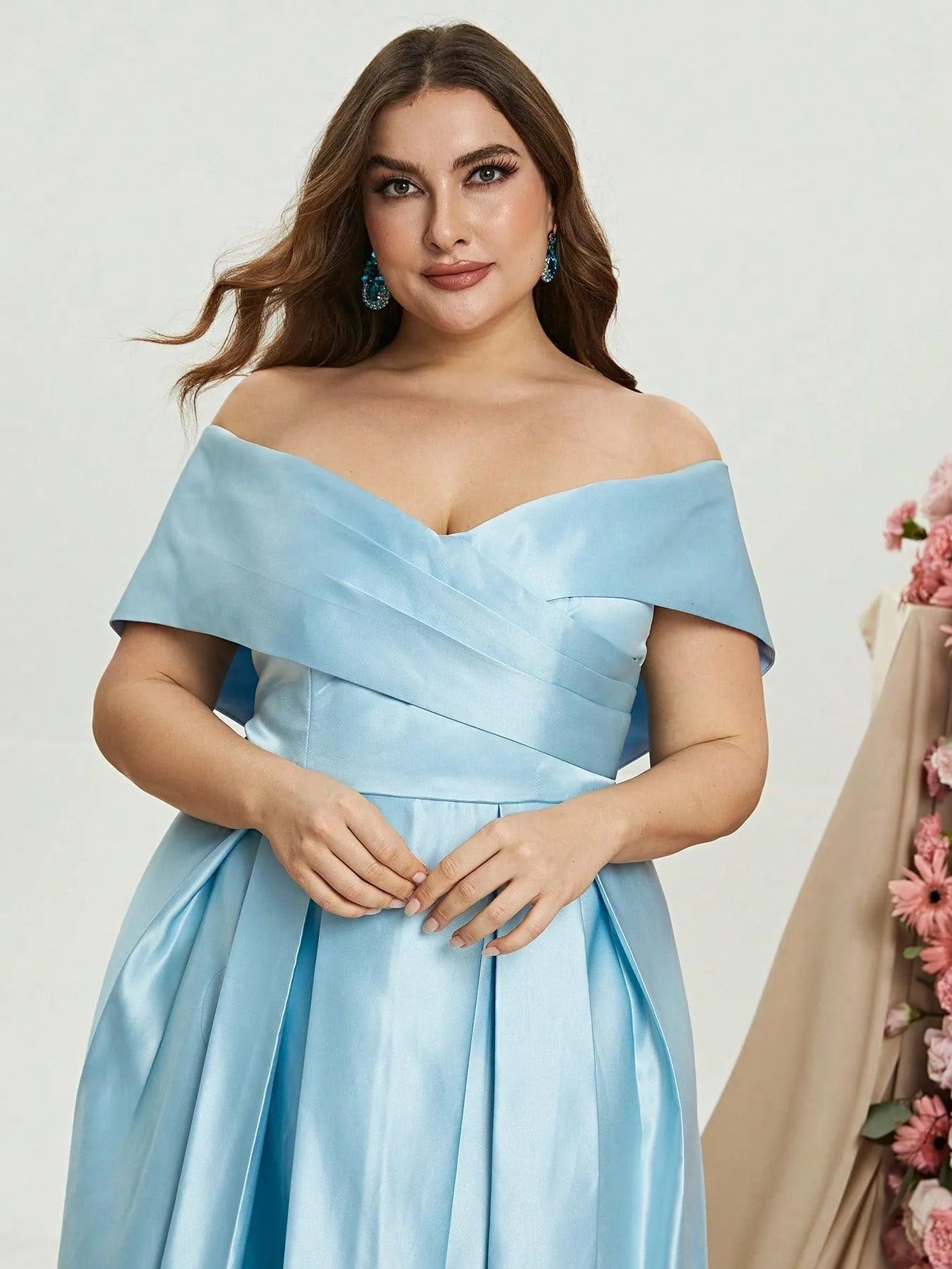 Plus Elegant Off Shoulder Satin A Line Prom Dress - Elonnashop