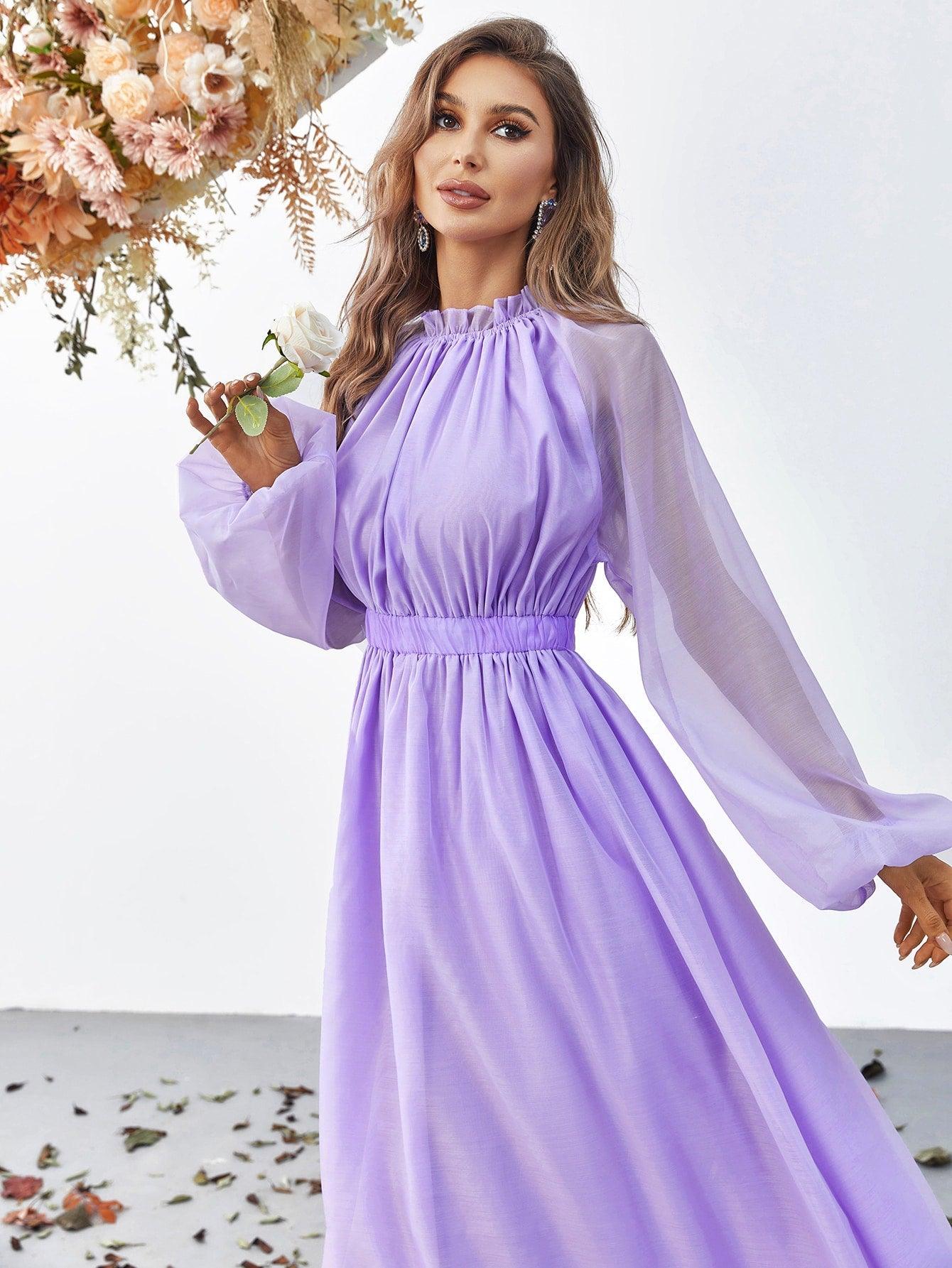 Elegant Mock Neck Long Sleeve Maxi A line Dresses - Elonnashop