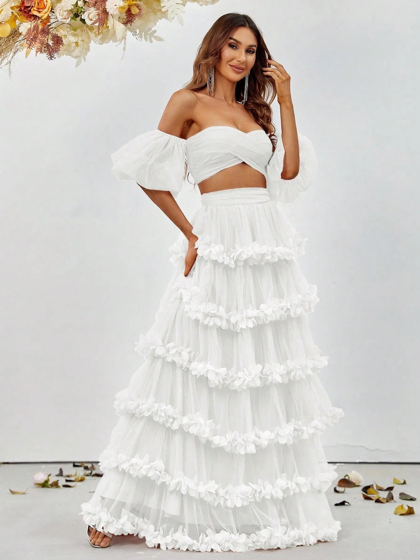 Off Shoulder Puff Sleeve Crop Top & Frill Trim Mesh Skirt - Elonnashop