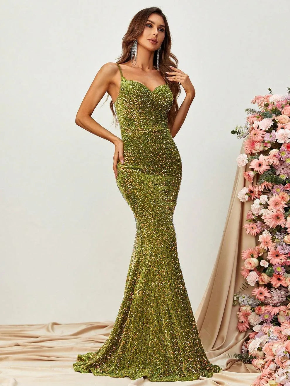 Elegant Spaghetti Straps Sequin Mermaid Dresses - Elonnashop